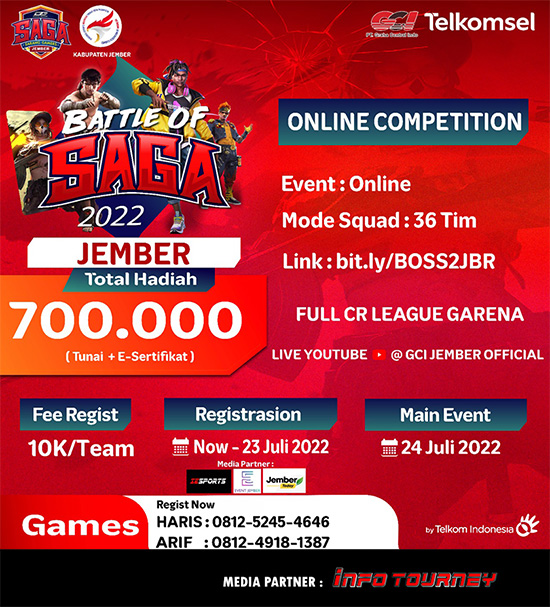 turnamen ff free fire juli 2022 battle of saga 2022 jember poster