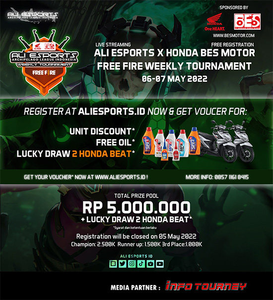 turnamen ff free fire mei 2022 ali esports x honda bes motor poster