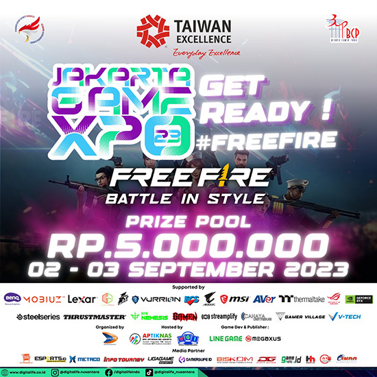 turnamen ff free fire agustus 2023 jakarta game expo 2023 bcp poster