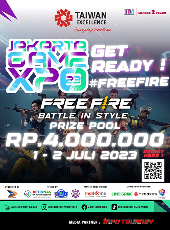 turnamen ff free fire juli 2023 jakarta game expo 2023 poster