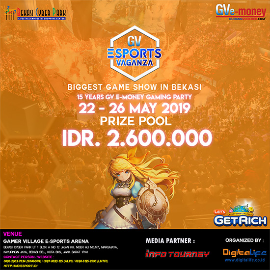 turnamen lets get rich gv esports vaganza bekasi mei 2019 poster