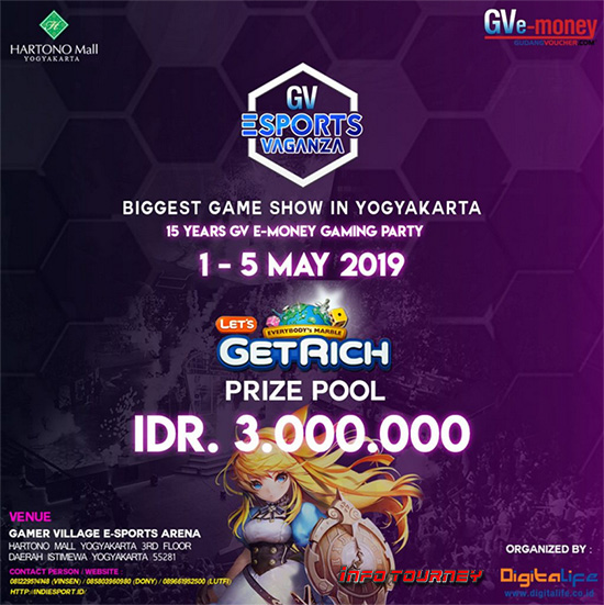 turnamen line get rich gv esports vaganza mei 2019 poster
