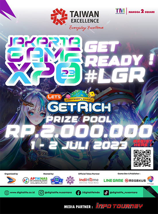 turnamen lets get rich juli 2023 jakarta game expo 2023 poster