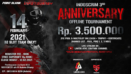 turnamen pb point blank februari 2021 indoscrim 3rd anniversary logo